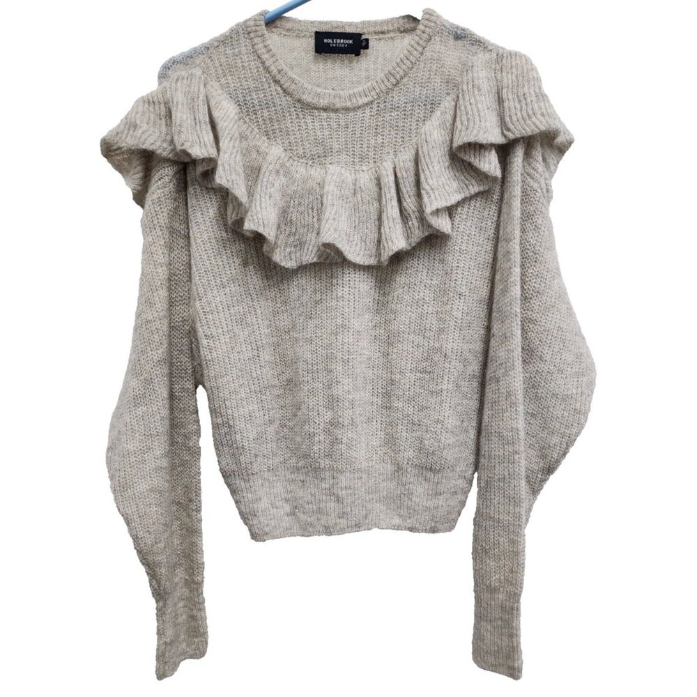Holebrook Womens Sweater Small Gray Wool Mohair Ruffle Pullover Quite Luxury